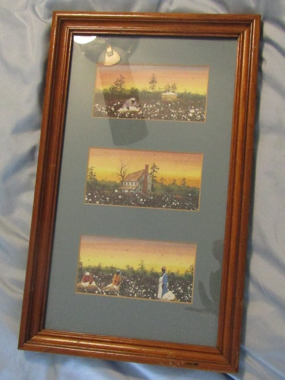 Signed D Morgan Vintag TRIPTYCH Print SHARECROPPERS COTTON FIELD SCENES Folk Art